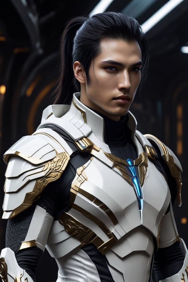 Sci-Fi. Icarion Anasem is a human being, a handsome man of 25 years old, ((caucasian)), long black straight hair, ponytail haircut, blue eyes.  athletic build.  ((white armor)). He wears a futuristic and highly cybernetic white and black armor. golden lines, black ornaments. Shinto´s iconography. Inspired by the art of Destiny 2 and the style of Guardians of the Galaxy.,perfecteyes