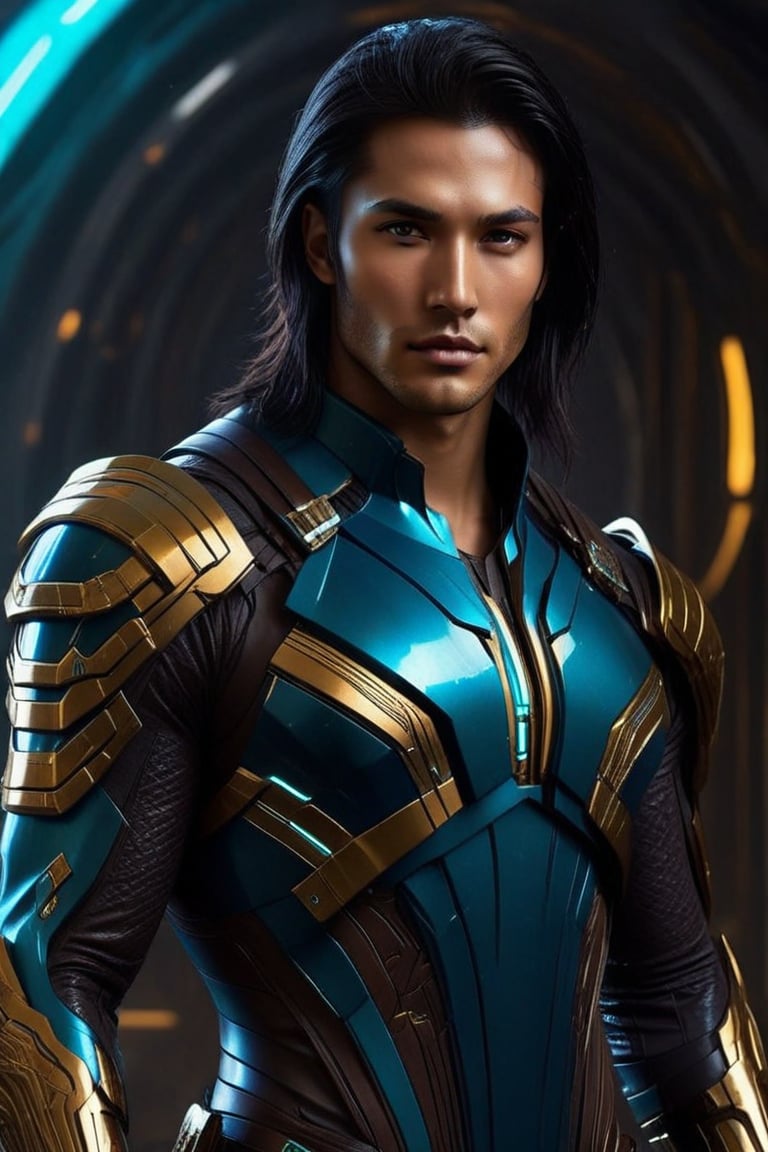 Sci-Fi.  a human being, a handsome man of 25 years old, ((tanned skin)), ((very long black straight hair)),  brown eyes. athletic build.  ((electric_blue armor)), ((dark_blue elements)). He wears a futuristic and highly cybernetic black armor.  ((cyan ornaments)), ((golden lines)). storm's iconography. Inspired by the art of Destiny 2 and the style of Guardians of the Galaxy.,perfecteyes