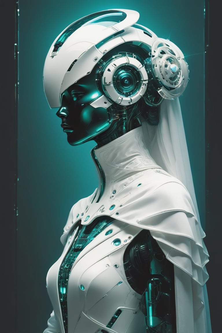 This image depicts a futuristic robotic figure adorned in an elaborate white outfit, combining traditional robes with advanced technology. The attire includes flowing fabrics and intricate details like embedded circuitry and metallic elements. The robot's headgear, featuring a sleek metallic design and a radiant teal visor, suggests advanced visual capabilities and possibly communication functions. The serene color palette of cool whites and blues contrasts with the warmth of a distant planet, creating a contemplative and calm atmosphere. This scene skillfully blends science fiction elements with aesthetic grace, suggesting a narrative of exploration and technology in a distant future.
