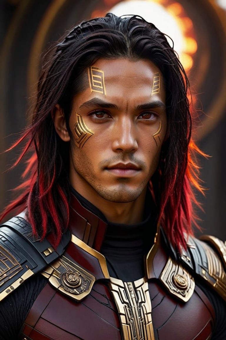 Sci-Fi.  a human being, a handsome man of 25 years old, ((ltanned skin)), long black hair, dreadlocks haircut, grey eyes.  athletic build.  ((Burnished Copper)). He wears a futuristic and highly cybernetic black armor.  ((golden ornaments)), ((dark_red lines)), tribal's maori iconography. Inspired by the art of Destiny 2 and the style of Guardians of the Galaxy.,perfecteyes