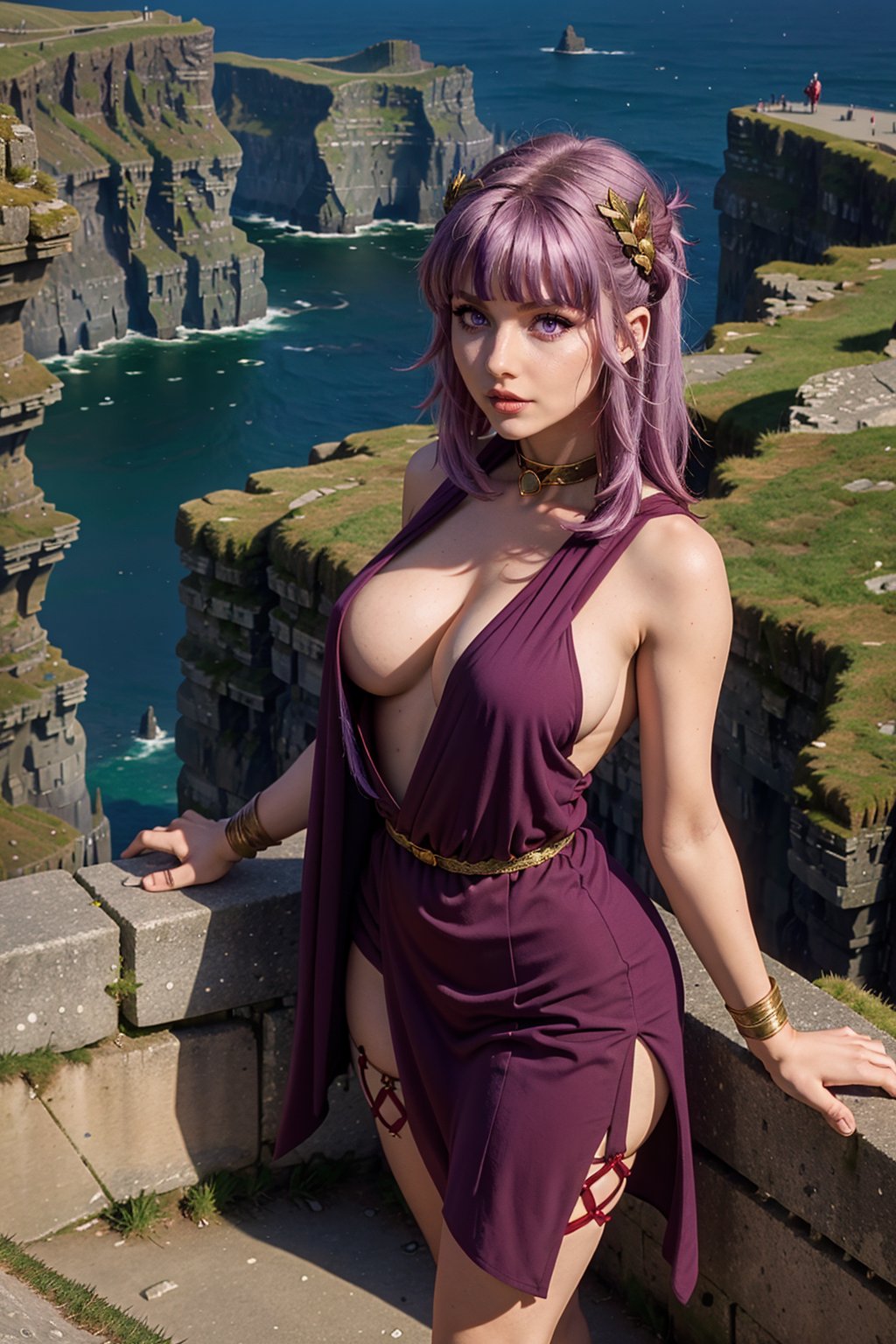 A sexy druid woman in sexy traditional Celtic dress stands on the edge of Cliffs of Moher.,  kyuo ryu, short red-purple hair, red-purple eyes, kyuo ryu