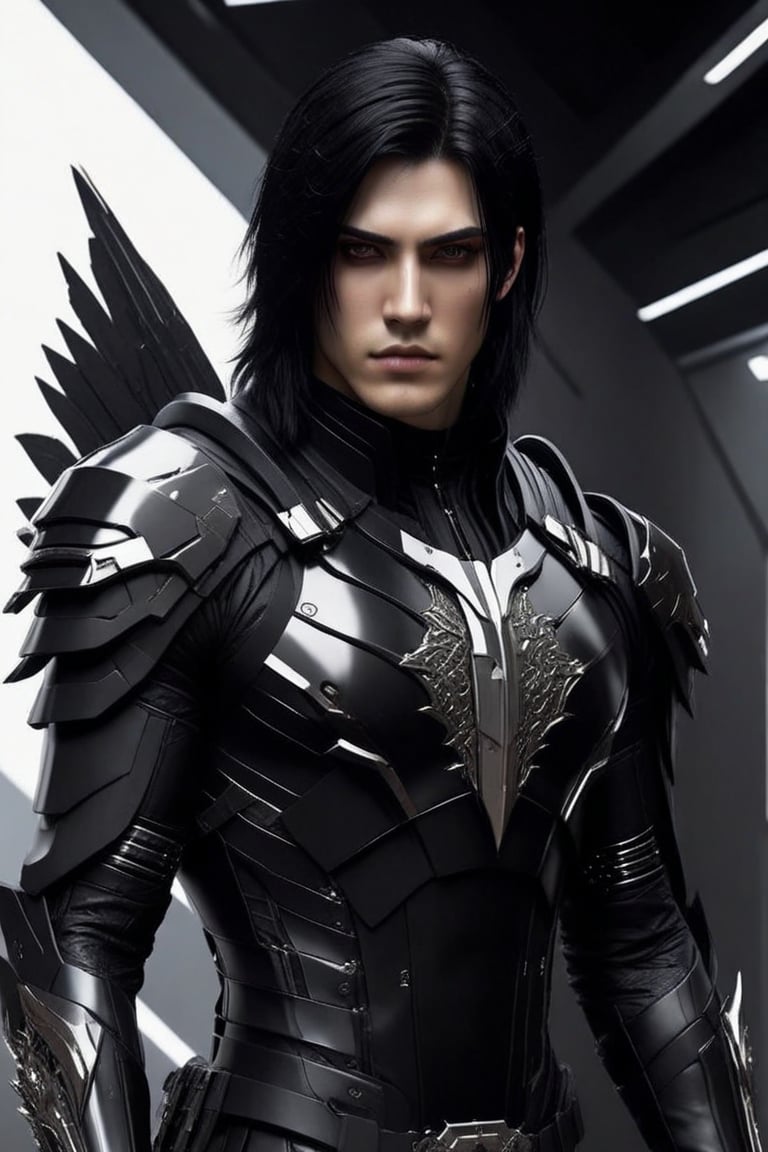 Sci-Fi. a human being, a handsome man of 25 years old, ((caucasian)), ((emo)), very long black hair, white highlisgts, straight haircut, black eyes. athletic build.  ((black armor)). He wears a futuristic and highly cybernetic black armor.  ((black detailed)), ((black ornaments)), ((black lines)), crow's iconography. Inspired by the art of Destiny 2 and the style of Guardians of the Galaxy.,perfecteyes