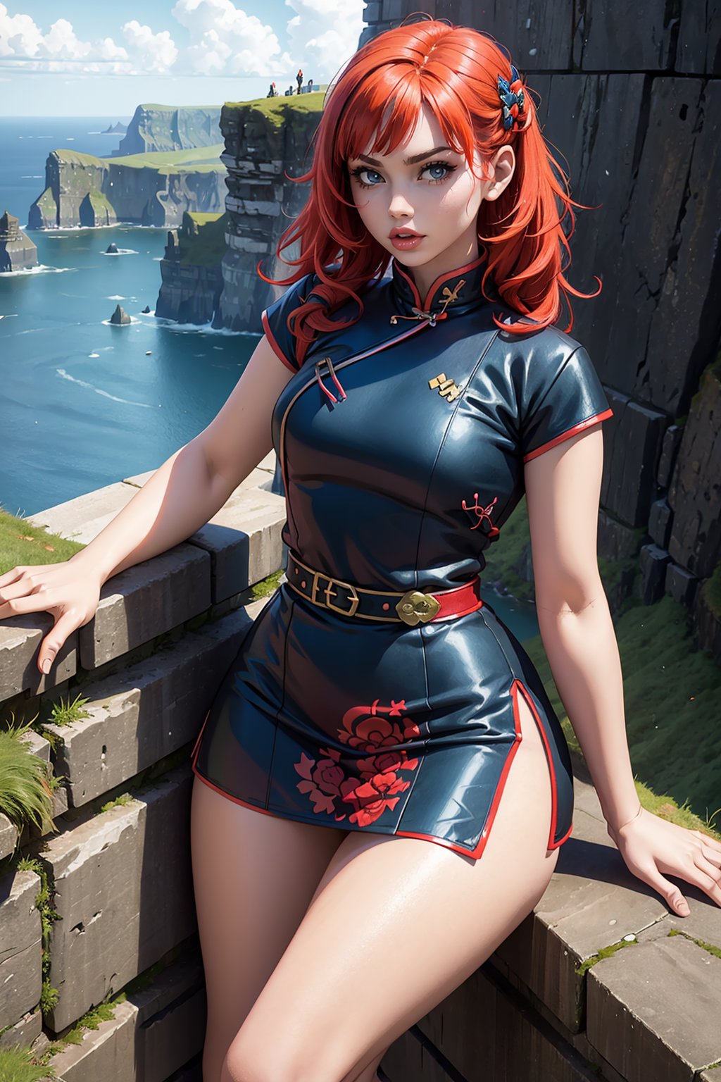 A sexy druid woman in sexy colorfull qipao miniskirt stands on the edge of Cliffs of Moher., Charlie Kyrn, red hair, Charlie Kyrn