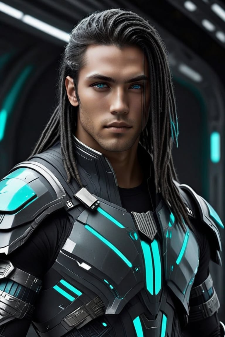 Sci-Fi. a human being, a handsome man of 25 years old, ((light_tanned skin)), very long black white straight hair, dreadlocks haircut, cyan eyes. athletic build.  ((grey armor)). He wears a futuristic and highly cybernetic black armor.  ((blue lines)), ((blue elements)), ((cyan ornaments)),  Maori's iconography. Inspired by the art of Destiny 2 and the style of Guardians of the Galaxy.,perfecteyes