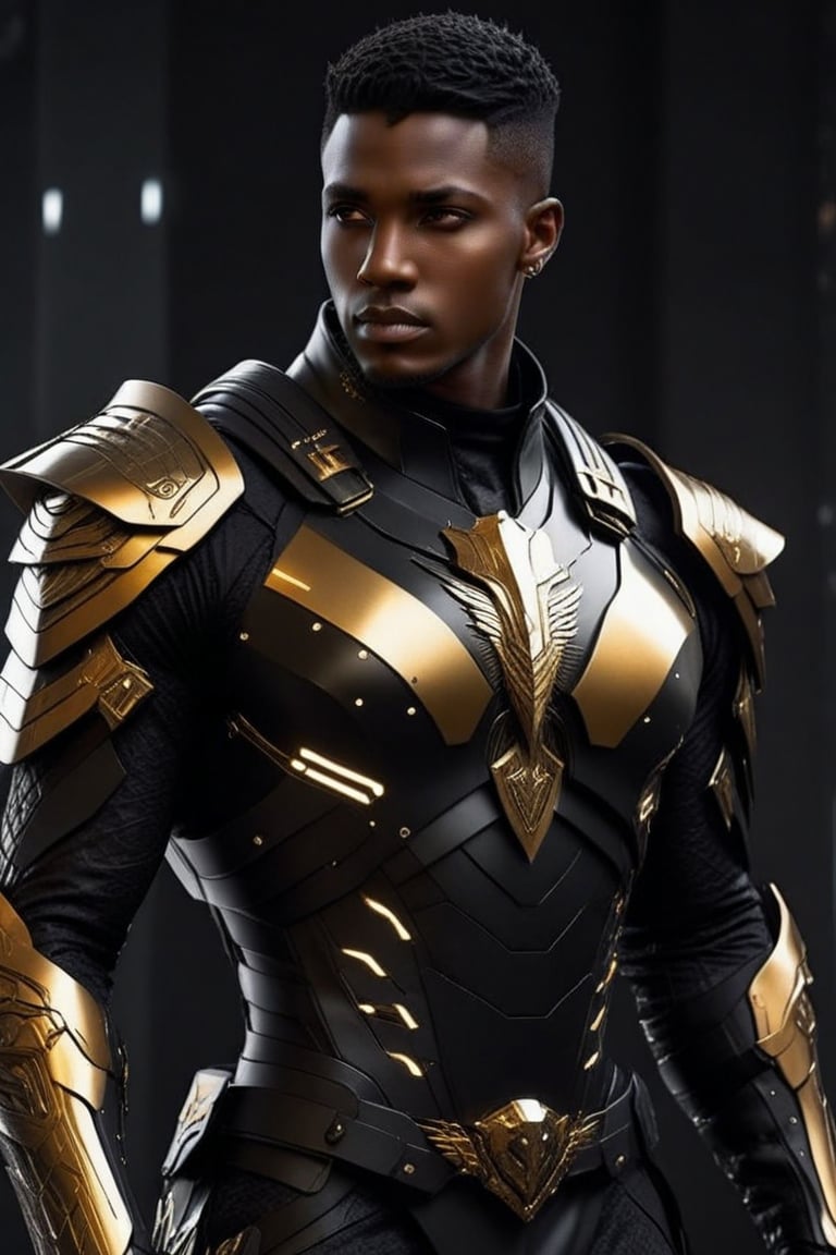 Sci-Fi. a human being, a handsome black man of 25 years old, short black hair, military haircut, black eyes.  athletic build.  ((cooper armor)). He wears a futuristic and highly cybernetic black armor. silver lines, golden ornaments. eagle's iconography. Inspired by the art of Destiny 2 and the style of Guardians of the Galaxy.,perfecteyes