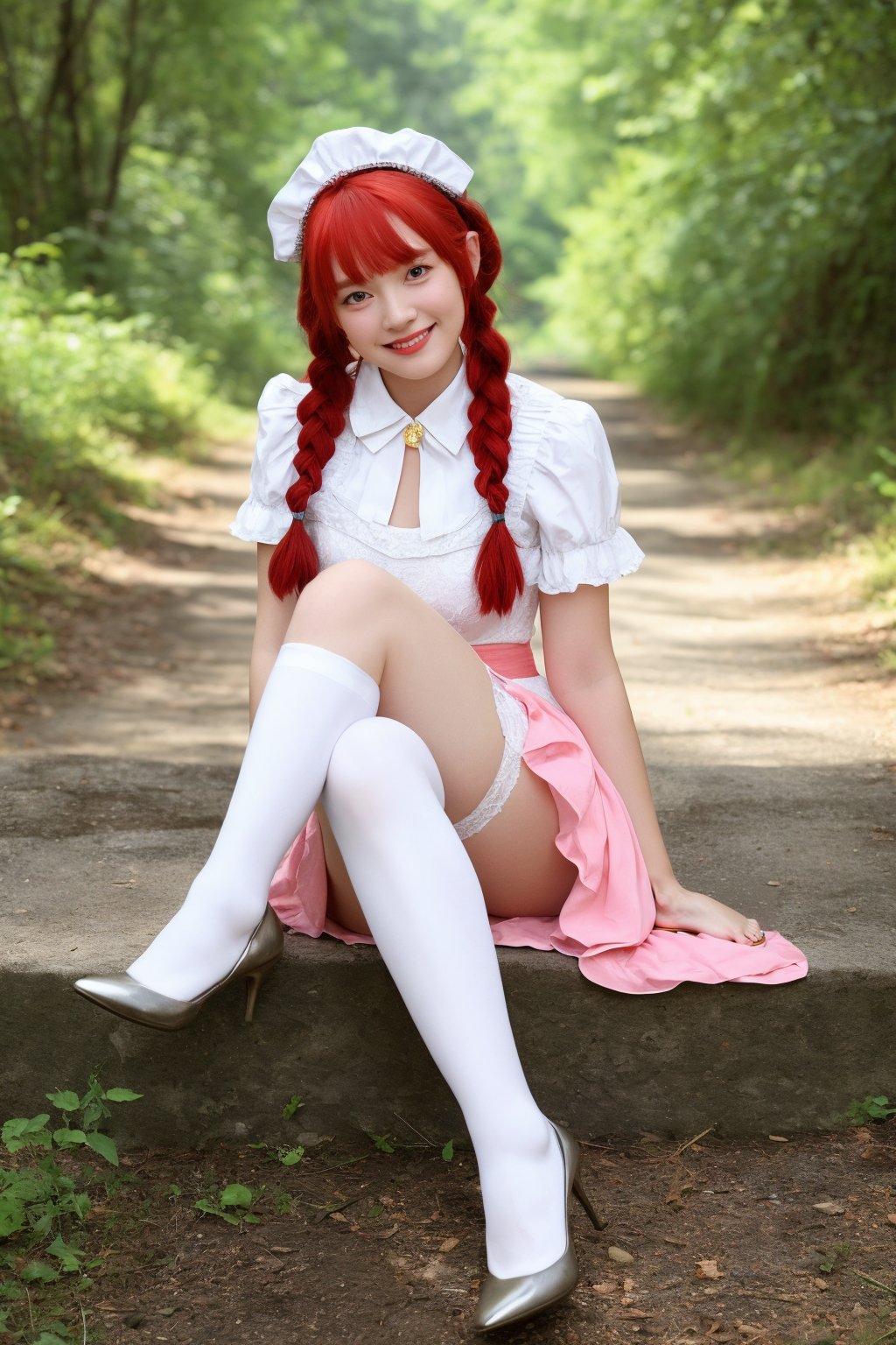 masterpiece, best quality, 1girl, lupusregina, red hair, long hair, twin braids, yellow eyes, (glowing eyes:0.5),  dress, hat, maid, white thighhighs, garter belt, high Heels, sitting_on_knees
, smile, looking at viewer, fullbody, outdoors, natural lighting, upusregina,lupusregina,(Emma Watson:0.8),