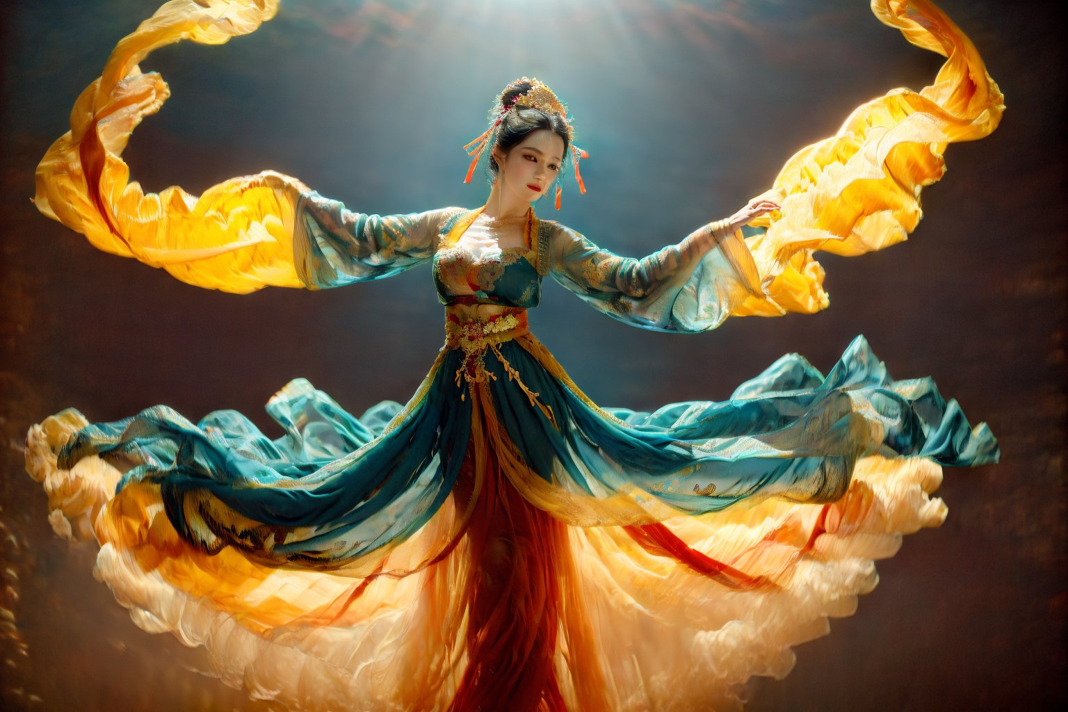 A digital photography captures a stunning girl, adorned from head to toe in an intricately designed costume reminiscent of ancient Chinese Dunhuang murals, featuring vibrant turquoise, gold, and red hues, with floral patterns and delicate details. Her long black hair flows like silk, decorated with ornate accessories, against a dreamy backdrop of softly blurred glowing spheres and abstract elements. As she rotates sideways, her flowing sleeves and hair appear to dance in mid-air, as if frozen in time during a Chinese classical folk dance performance. The dynamic lighting and flowing garments create a sense of movement, adding an otherworldly quality to the ethereal scene.
(Emma Watson:0.8),