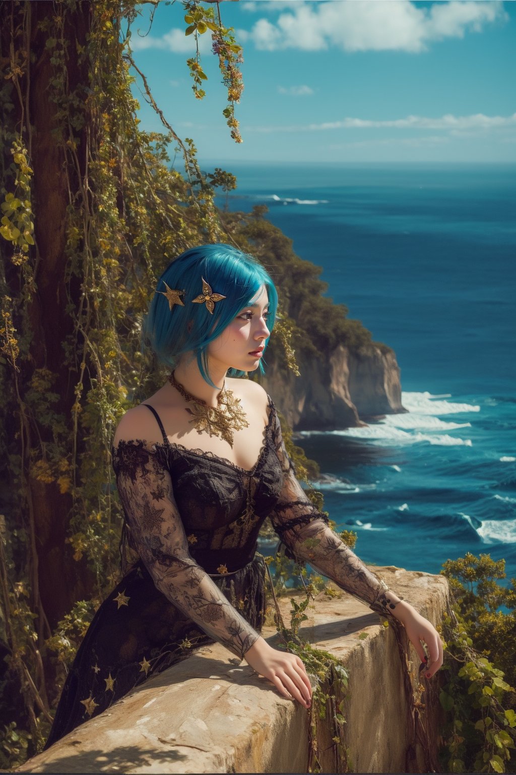 a sorceress, cyan hair, long gold and white dress ocean cliff, detailed face, vines, stars, ((surrealism)), (abstract), intricately detailed gothic art triadic colors, fantastical, splash screen, fantasy high magic concept art, 8k resolution, (gothic masterpiece), oil painting, heavy strokes, HW*,short hair bang,hair bangs are above the eyebrows,no bang,classic painting