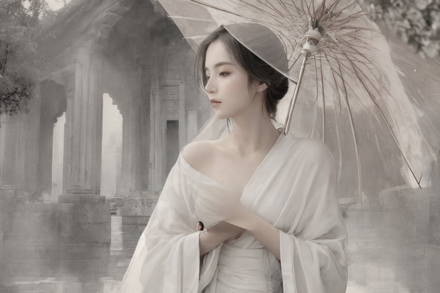 A serene Taiwanese classical beauty stands majestically outside the palace gates, her slender figure clad in flowing silk robes, as she grasps a delicate umbrella with one hand. Soft mist veils the surroundings, casting an air of mystery and romance amidst the ancient architecture. The 8K high-definition image captures the subtle play of light on her porcelain skin, as she gazes out into the distance, lost in thought. (Emma Watson:0.8),