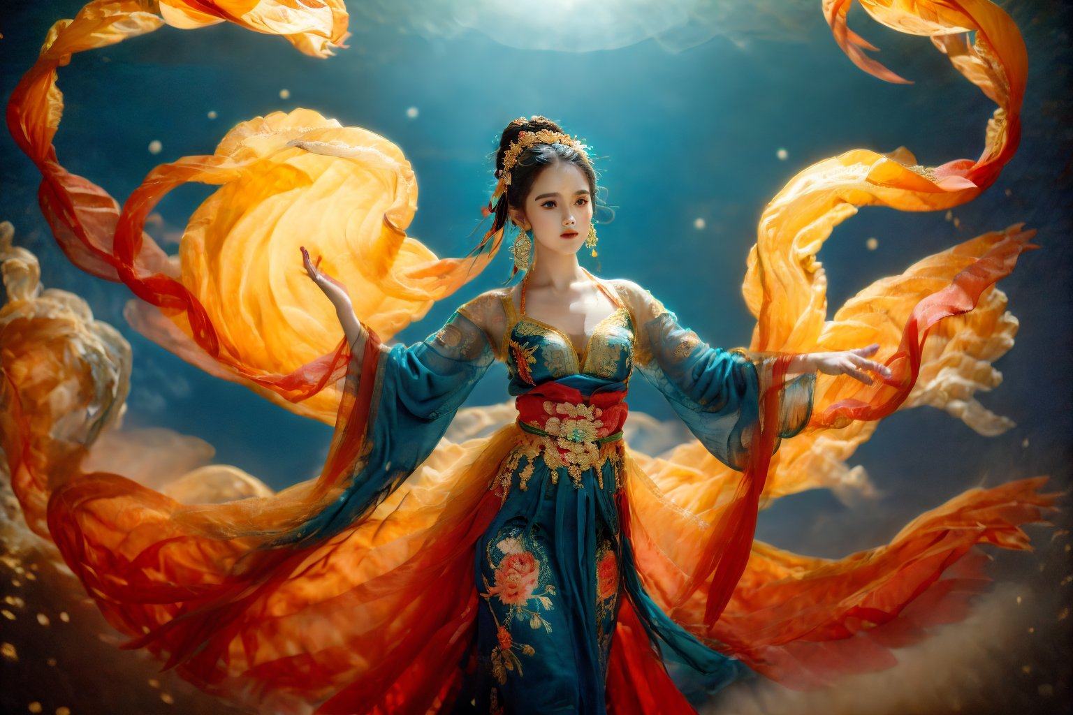 This is a digital photography. A girl, photographed from head to toe, wears an ornate, flowing costume from ancient Chinese Dunhuang murals in bright colors including turquoise, gold and red, embellished with floral patterns and delicate details. The long flowing black hair is decorated with ornate hair accessories, against a background of softly blurred glowing spheres and abstract elements, suggesting a mysterious or dreamy environment. The dynamic light and flow of clothing convey a sense of movement, adding to the ethereal quality of the artwork. The overall ambience is both serene and vivid, and the rich combination of textures and colors is intoxicating. Floating in the air, posing gracefully like a Chinese classical folk dance~~~~The body rotates sideways, causing the sleeves and hair to fly.(Emma Watson:0.8),