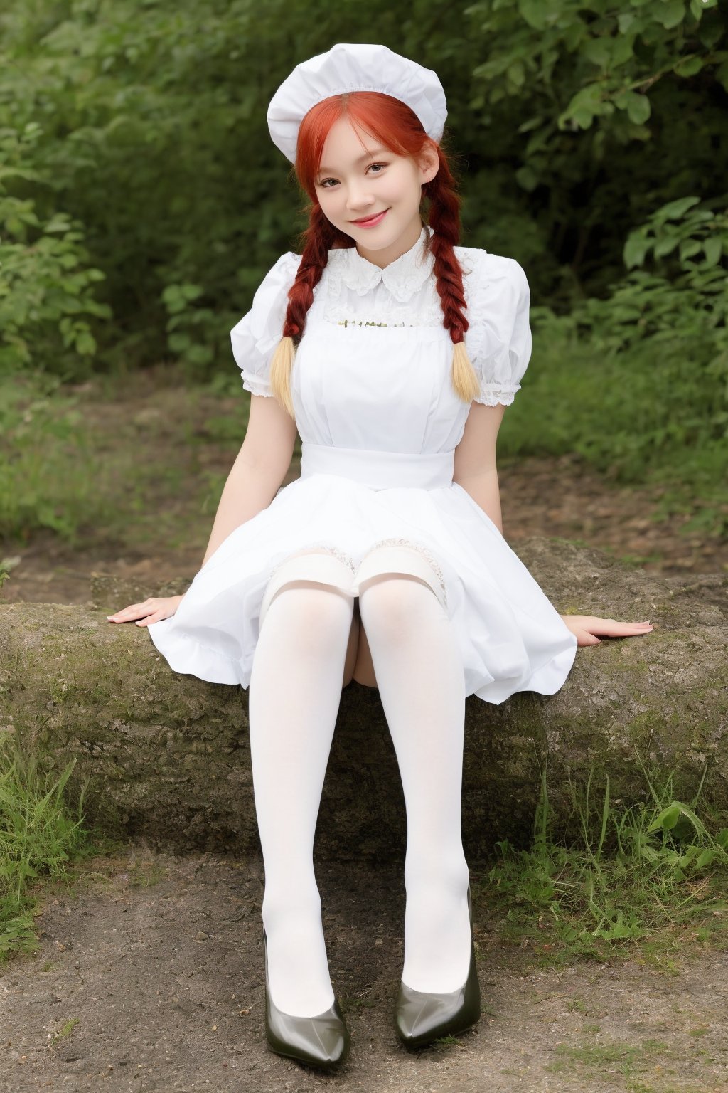 masterpiece, best quality, 1girl, lupusregina, red hair, long hair, twin braids, yellow eyes, (glowing eyes:0.5), dress, hat, maid, white thighhighs, garter belt, high Heels, sitting_on_knees , smile, looking at viewer, fullbody, outdoors, natural lighting, upusregina,lupusregina,(Emma Watson:0.8),