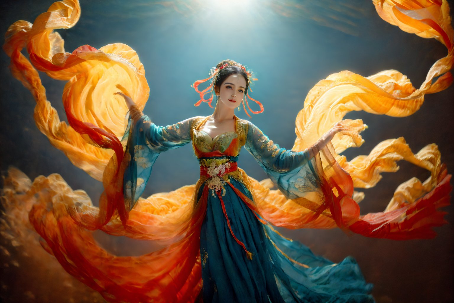 This is a digital photography. A girl, photographed from head to toe, wears an ornate, flowing costume from ancient Chinese Dunhuang murals in bright colors including turquoise, gold and red, embellished with floral patterns and delicate details. The long flowing black hair is decorated with ornate hair accessories, against a background of softly blurred glowing spheres and abstract elements, suggesting a mysterious or dreamy environment. The dynamic light and flow of clothing convey a sense of movement, adding to the ethereal quality of the artwork. The overall ambience is both serene and vivid, and the rich combination of textures and colors is intoxicating. Floating in the air, posing gracefully like a Chinese classical folk dance~~~~The body rotates sideways, causing the sleeves and hair to fly.(Emma Watson:0.8),