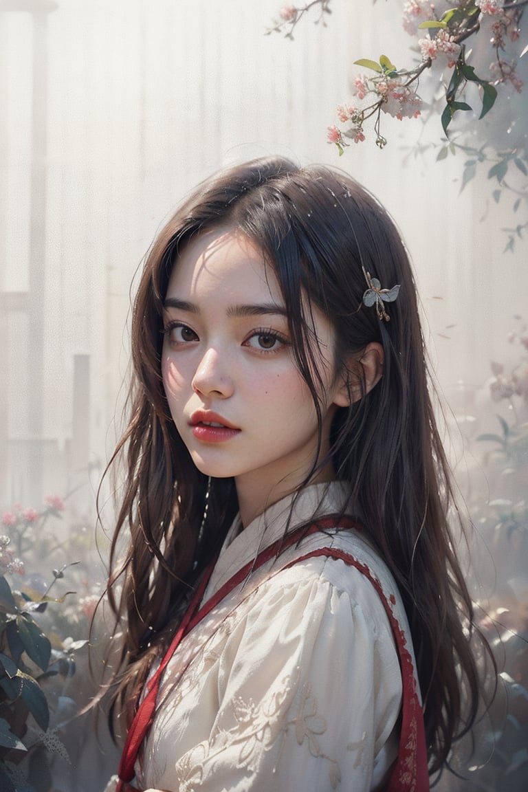 A girl, wearing hanfu, peony garden, butterfly, (negative space:1.4), fusion of art nouveau styles with gongbi painting, gold and white and red hue, Mucha style, (Cinematic lighting, ethereal light, intricate details, extremely detailed, incredible details, full colored), complex details, hyper maximalist, gorgeous light and shadow, detailed decoration, detailed lines. masterpiece, best quality, HDR, UHD, unreal engine. looking at the camera, fair skin, beautiful face,myhanfu,Colors,ChineseWatercolorPainting