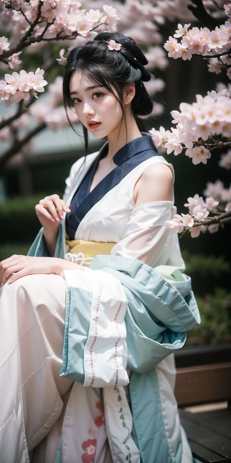 A 16-year-old Japanese beauty,in the sakura flowers.Turn slightly