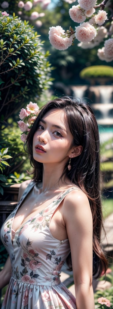 Generate hyper realistic image of an asian woman in a couture garden party dress in pastel hues, the intricate floral patterns matching the vibrant blooms around her. Place her in an enchanting botanical garden, exuding sophistication.((upper body)),1 girl,kimyojung
low angle shot