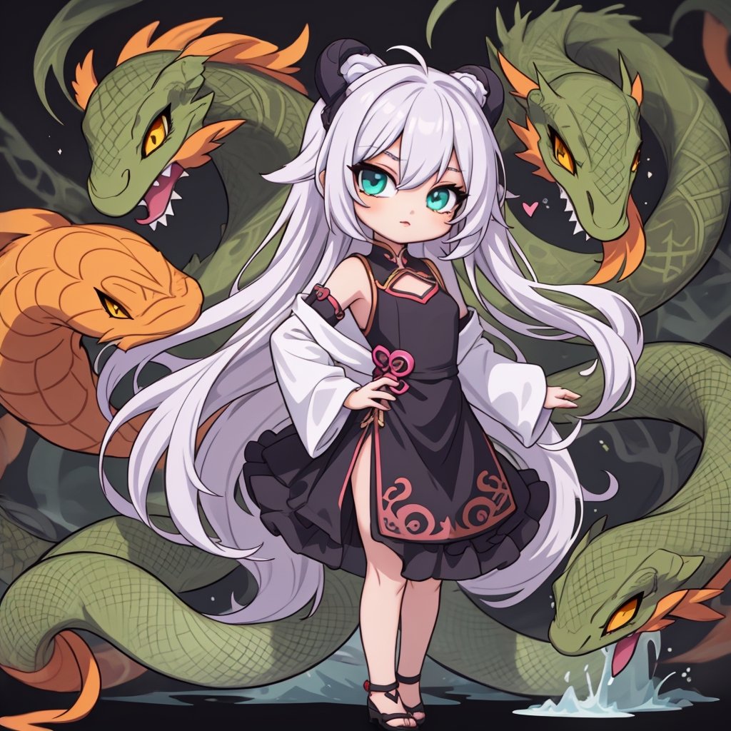 masterpiece, best quality 1.2, Create a chibi anime version of a scene featuring a girl with long, flowing hair and a determined expression. She is wearing a stylish, dark dress with chinese accents. Surrounding her are several large green serpents with menacing expressions. The background should depict chinese theme (transparent). The girl's pose should be confident and bold, reflecting her fearlessness amidst the snake. Ensure the overall style is cute and chibi, The serpents should also be rendered in a cute, less intimidating chibi style while maintaining their distinct green color and texture.xuer Luxury brand fashion,slit pupils. full body.