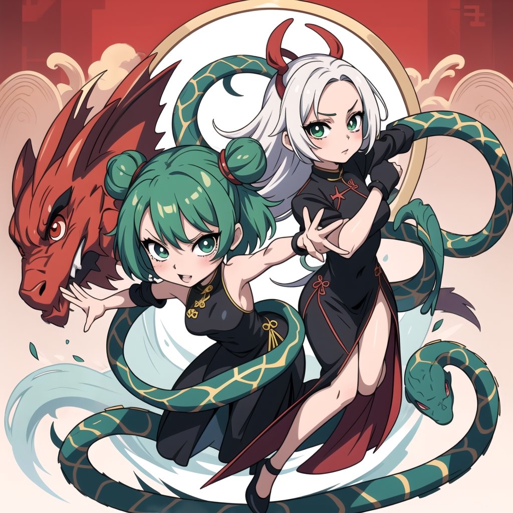 masterpiece, best quality 1.2, Create a chibi anime version of a scene featuring a girl with long, flowing hair and a determined expression. She is wearing a stylish, dark dress with chinese accents. Surrounding her are several large green serpents with menacing expressions. The background should depict chinese theme (transparent) circle. The girl's pose should be confident and bold, reflecting her fearlessness amidst the snake,slit pupils. full body. 1 person. full color.