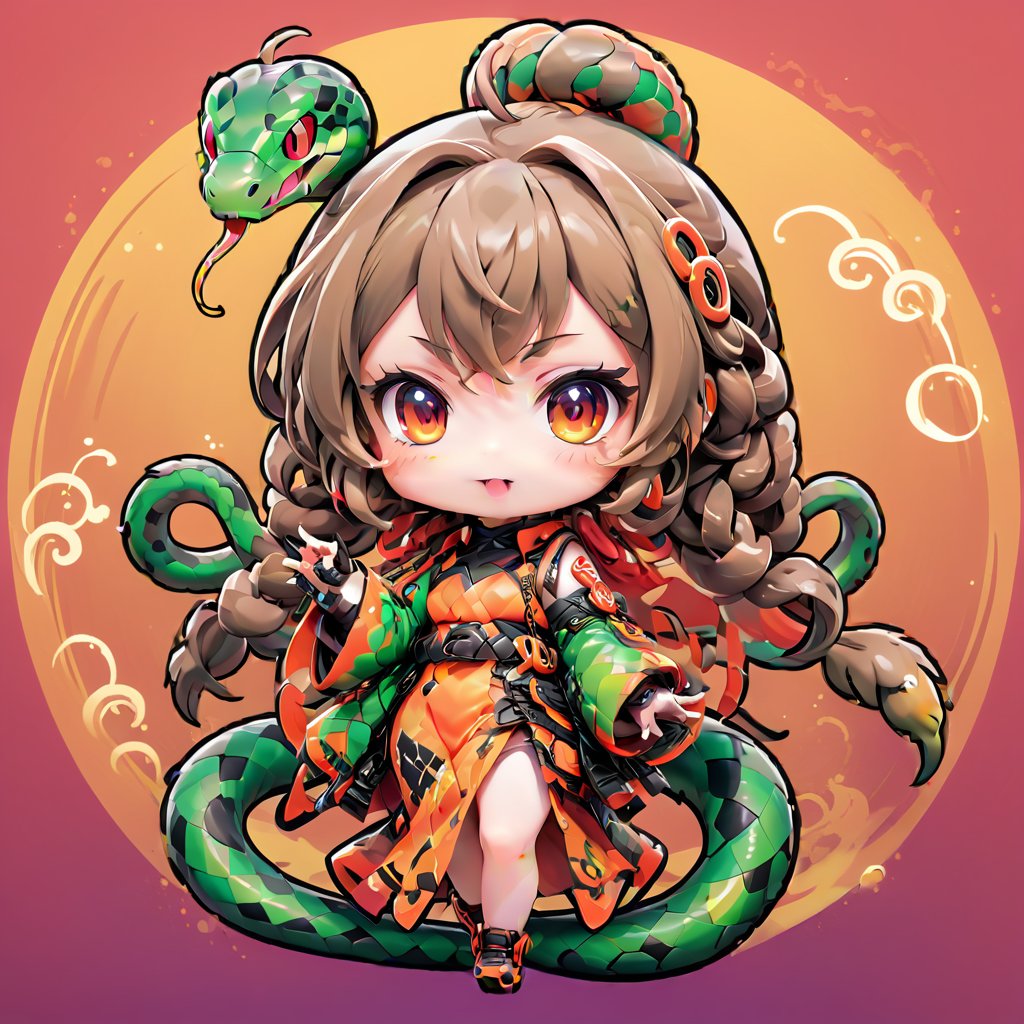 masterpiece, best quality 1.2, Create a chibi anime a half snake girl with long flowing hair and a determined expression. She is wearing a stylish dress chinese.PNG CIRCLE background chinese theme. full body. 1 person. full color. vivid colors.,(anime) , snake fang, snake tail, serpent pet,