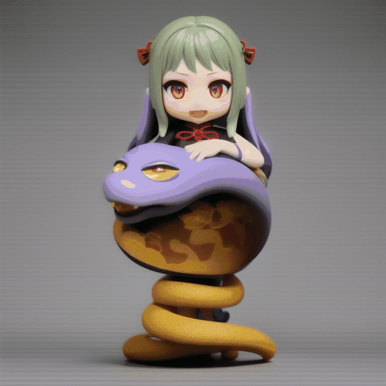 masterpiece, best quality 1.2, Create a chibi anime a half snake girl with long flowing hair and a determined expression. She is wearing a stylish dress chinese.PNG CIRCLE background chinese theme. full body. 1 person. full color. vivid colors.,(anime) , snake fang, snake tail, serpent pet,3D,genshin chibi emote.