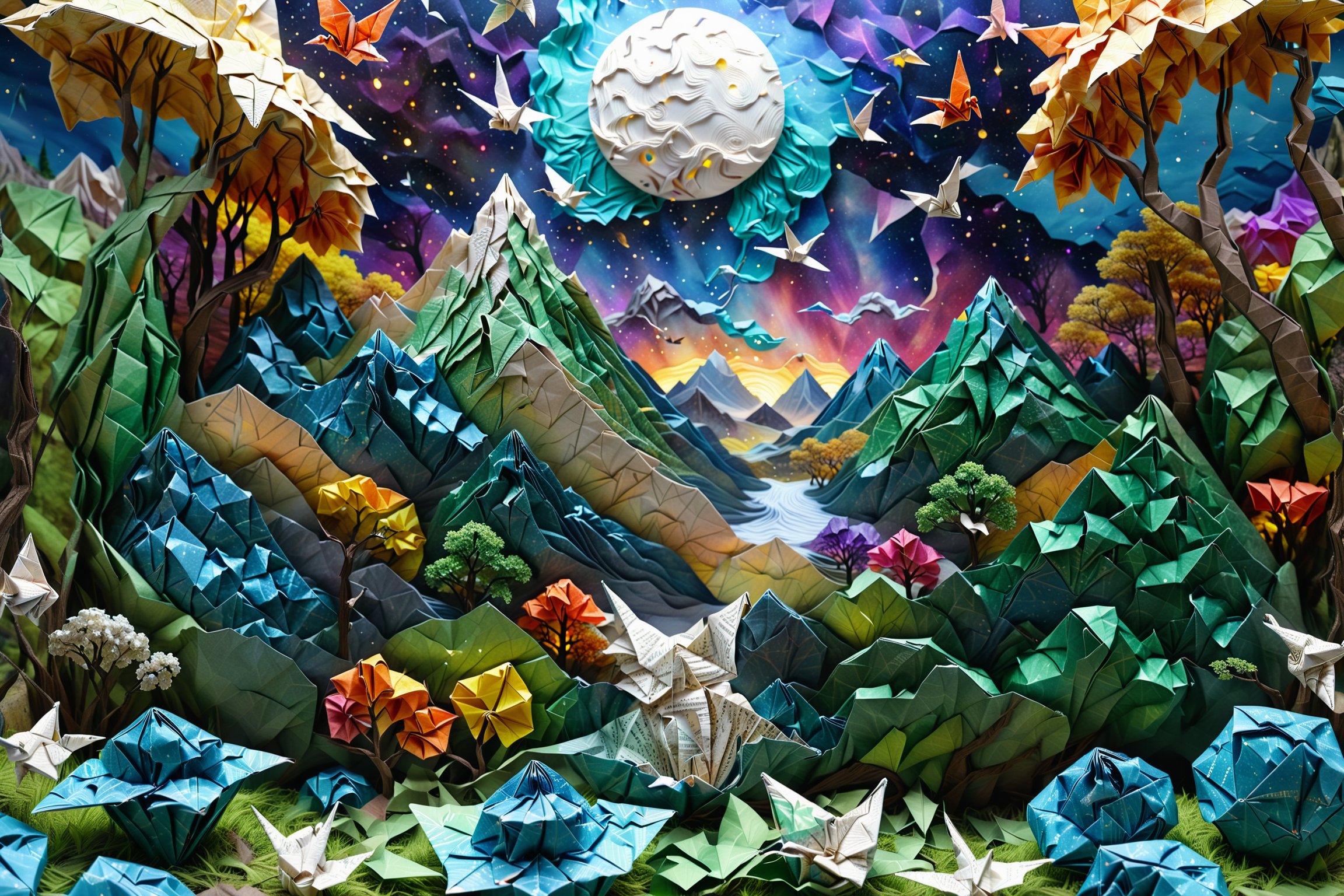 ((best quality)), ((masterpiece)), ((realistic,digital art)), (hyper detailed), DonMChr0m4t3rr4XL, score_9, score_8_up, score_7_up, score_6_up, a large intricately crafted origami_landscape, incredibly detailed beautiful mountain focus, Aerial shot, very zoomed out, night, no_light_noise, moon_light, artfully crafted crumpled paper galaxy poked full of holes many colored lights shining through, intricately crafted reflective paper origami moon, ethereal glowy smoke in the valley, soft light particles in focus, scenery closer made of meticulously detailed origami with visible folds and creases, distrant swirled tissue paper origami waterfall, crumpled paper stones, origami boulders, cut origami leaves on trees, shredded paper blades of grass, intricately detailed, detailmaster2, more detail XL, magical, whimsical, fairytale, fantasy, 8K, HDR