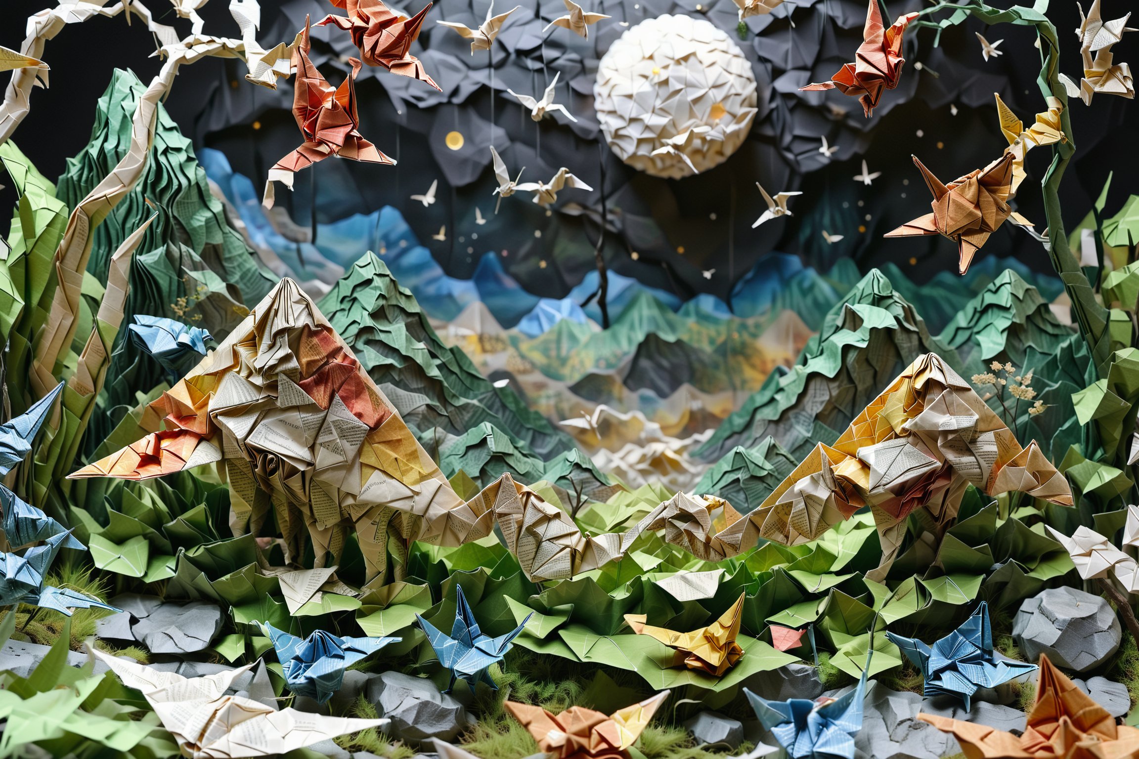 score_9, score_8_up, score_7_up, score_6_up, a large intricately crafted origami_landscape, incredibly detailed and beautiful maintain focus, Aerial shot, very zoomed out, night, no_light_noise, moon_light, artfully crafted crumpled paper galaxy poked full of holes many colored lights shining through, intricately crafted reflective paper origami moon, ethereal glowy smoke in the valley, soft light particles in focus, scenery closer made of meticulously detailed origami with visible folds and creases, distrant swirled tissue paper origami waterfall, crumpled paper stones, origami boulders, cut origami leaves on trees,shredded paper blades of grass, intricately detailed, detailmaster2, more detail XL