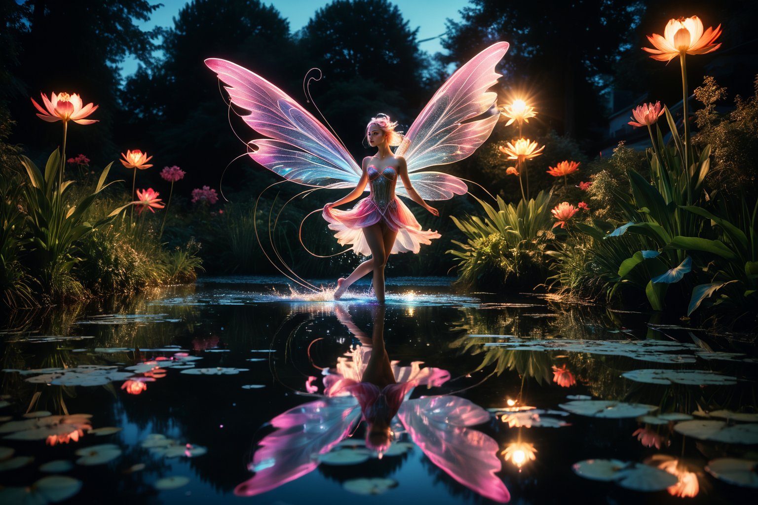 Close-up Photo of a water fairy gliding over a pond, reflections in the water, night scene. ral-exposure, in the style of double exposure, neon art nouveau, long exposure, wimmelbilder, layered lines, neonpunk, chiaroscuro, best quality, masterpiece, highres, absurdres, incredibly absurdres, huge filesize, wallpaper, colorful,8K,RAW, Style by J.C. Leyendecker. Canon 5d Mark 4, Kodak Ektar, 35mm,Long_Exposure 