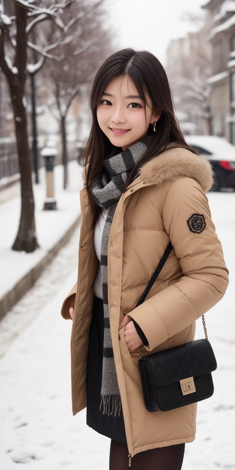 Beautiful and delicate light, (beautiful and delicate eyes), pale skin, big smile, (brown eyes), (black long hair), dreamy, medium chest, woman 1, (front shot), Korean girl, bangs, soft expression, elegance, bright smile, 8k art photo, realistic concept art, realistic, portrait, necklace, small earrings, handbag, fantasy, jewelry, shyness, skirt, winter parka, scarf, snowy street, footprints,12 years old