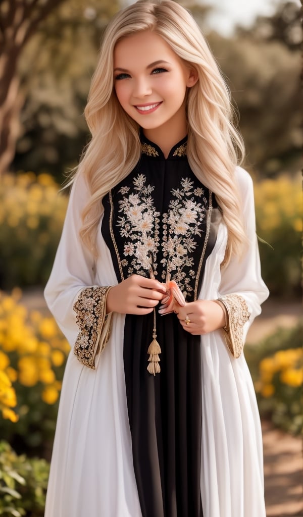 1girl, Beautiful young woman, blonde, smiling, (in beautiful Ukrainian national costume embroidery ornament white, black_hair and gwon, sunny day, botanical garden, realistic