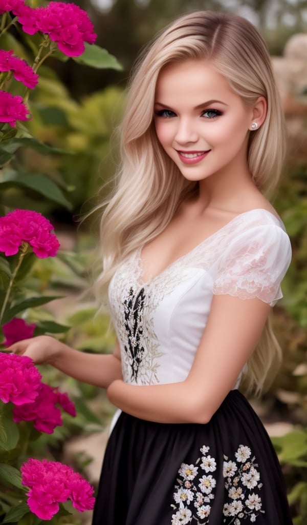 1girl, Beautiful young woman, blonde, smiling, (in beautiful Ukrainian national costume embroidery ornament white, black_hair and  flowers, sunny day, botanical garden, realistic