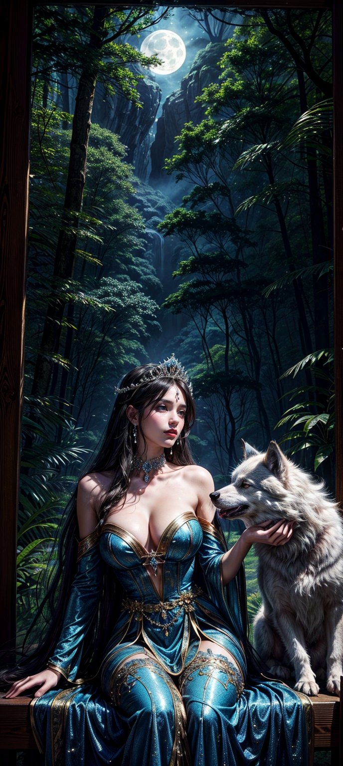 A mystical scene set against a backdrop of a large, glowing yellow moon. In the foreground, a woman with long, flowing hair is seen wearing a blue dress and a golden tiara. She is embraced by a large, wolf-like creature with a dark fur coat. The wolf has a fierce expression, but the woman seems at ease, resting her head on the creature's chest. The setting appears to be a forest with twisted trees and a serene water body reflecting the moonlight. The overall ambiance of the image is enchanting, blending elements of fantasy and nature. 





 