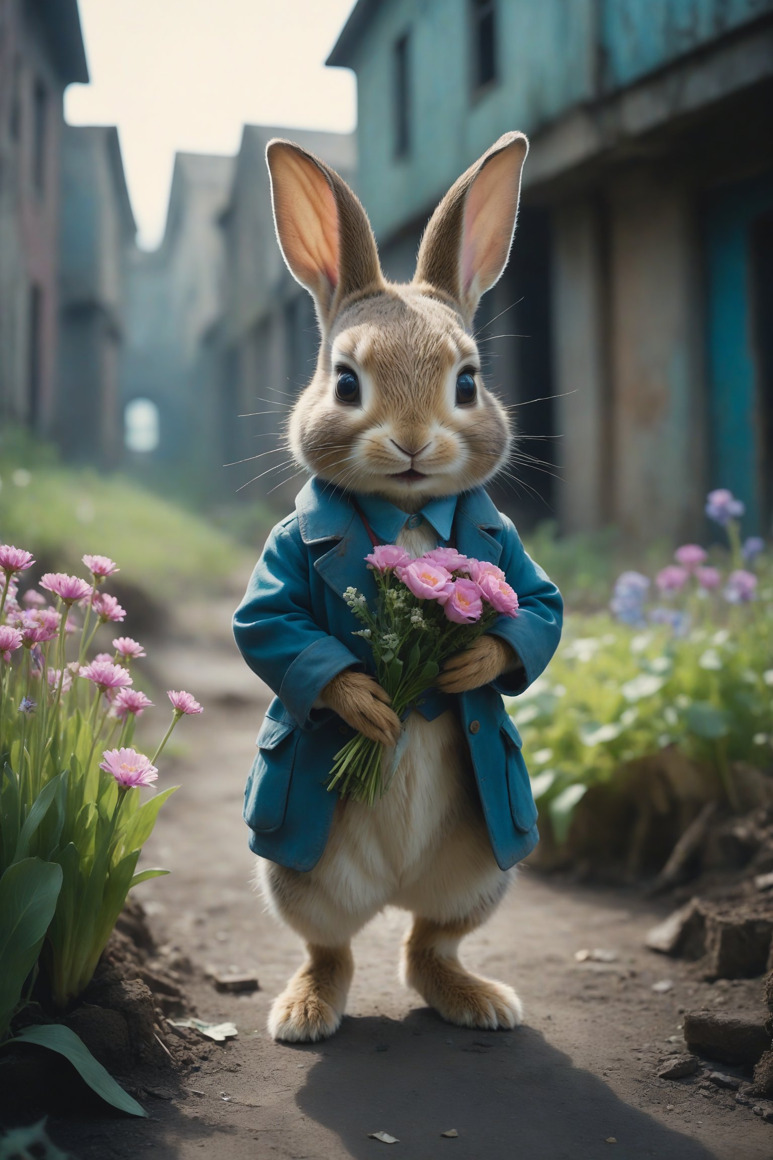cinematic film still Photo cyberpunk Peter Rabbit Beatrix Potter, holding flowers. By Henry Cavill, Chibi style, cartoonish, they are in a rotten abandoned future city, landscape of pastel colors. . Vibrant, beautiful, painterly, detailed, textural, artistic . shallow depth of field, vignette, highly detailed, high budget, bokeh, cinemascope, moody, epic, gorgeous, film grain, grainy