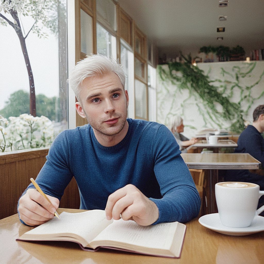a handsome 30yo man, who looks like Chris Evans, with white hair sitting in a cafeteria, filled with coffee and books, art by Rinko Kawauchi, in the style ofnaturalistic poses, vacation dadcore, youthfulenergy, a coolexpression, body extensions, rain in the sky, analog film, super detail, dreamy lofiphotography, colourful, walls covered in flowers and vines, Inside view, FlowerStyle,r,hhc,interior,real_booster, detailed beautiful eyes.,hairy