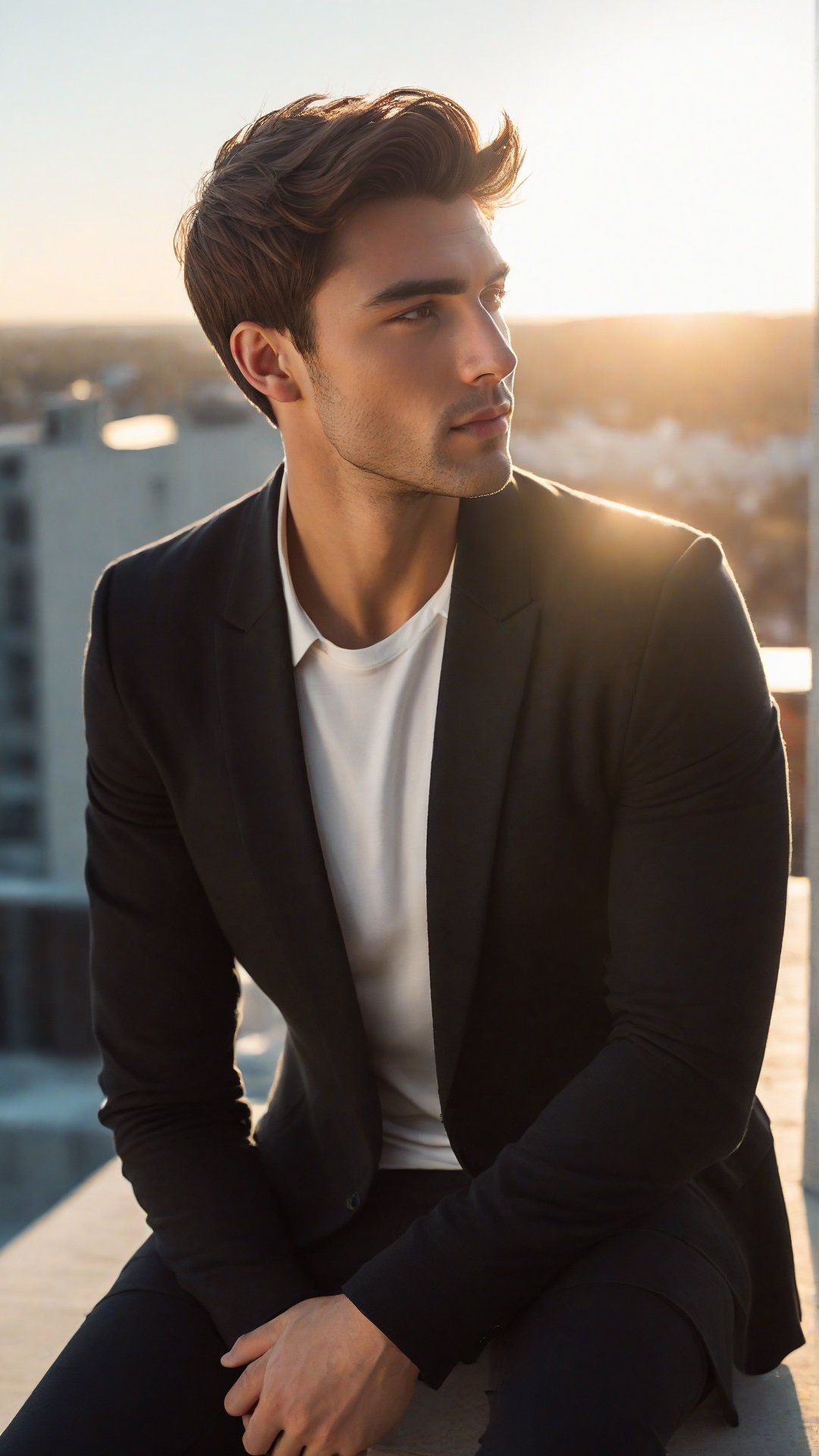 a young handsome man sits outdoors, possibly on a rooftop, leaning forward with his arms resting on his knees. He wears a dark blazer over a white ribbed sweater, exuding a thoughtful or introspective mood. The photograph captures a soft, natural light and displays a subtle lens flare, adding an artistic touch to the serene moment. masterpiece. bulge. sexy wink. view from below.