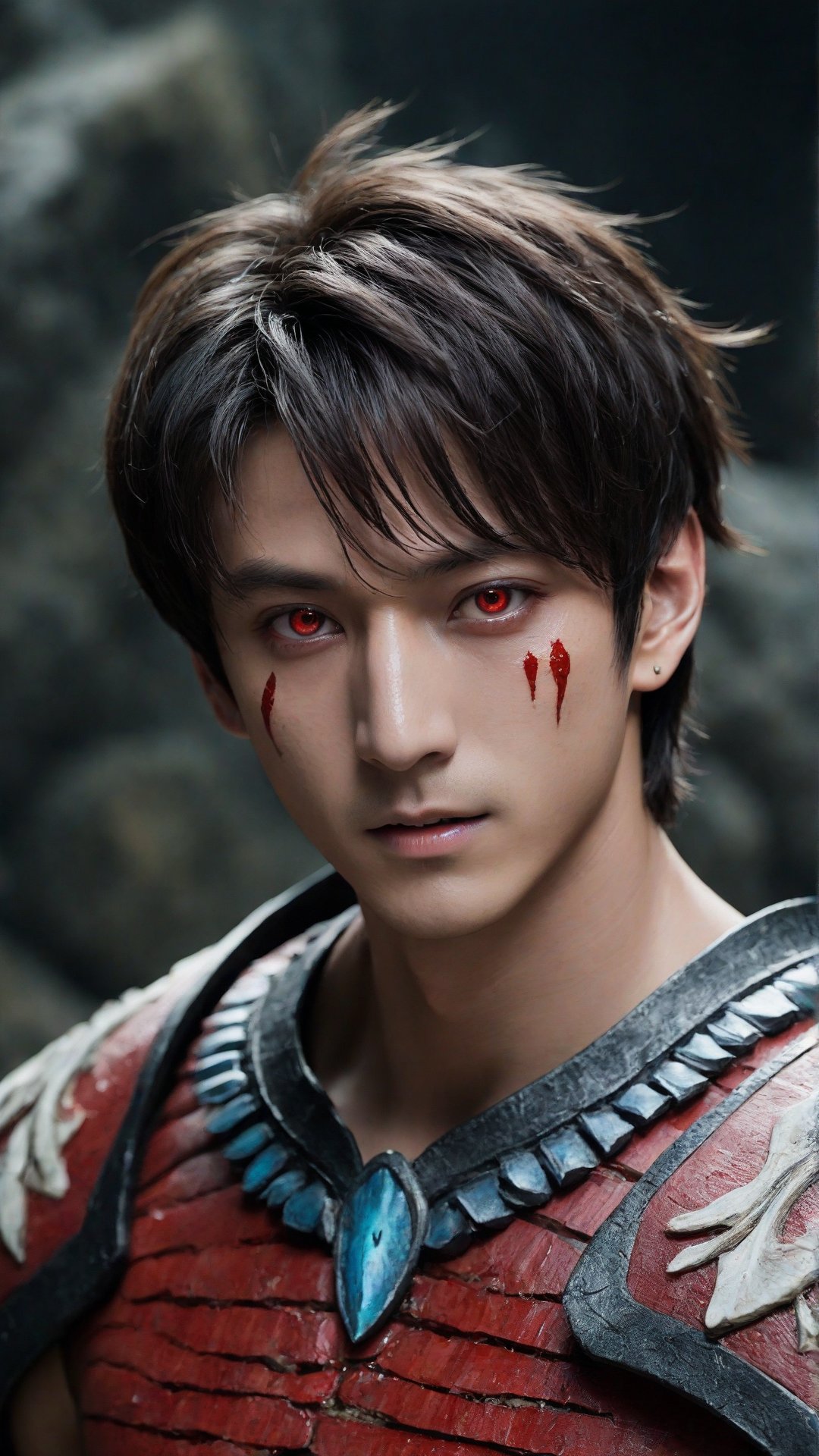 twenty year old male na'vi, (jungkook:1.2), ((ash gray skin)), white skin, gray palette, ((black hair)), ((short hair)), messy hair, ((bloody red eyes:1.3)), skin full of ((scales)), stern face, ((pointy fangs)), full of red painted stripes, wearing (bones) as acessories, wearing tribal clothing, wearing rope as clothing, beautiful na'vi, action scene, close-up face view, ((profile view)), realistic_eyes, hyper_realistic, extreme details, HDR, 4k quality, perfect quality, perfect image, HD quality, movie scene, Read description, ADD MORE DETAIL, vulcanic land background, cave with bonfires background