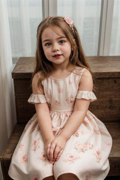 indoor, beautiful cute doll-like 5yo girl in floral dress