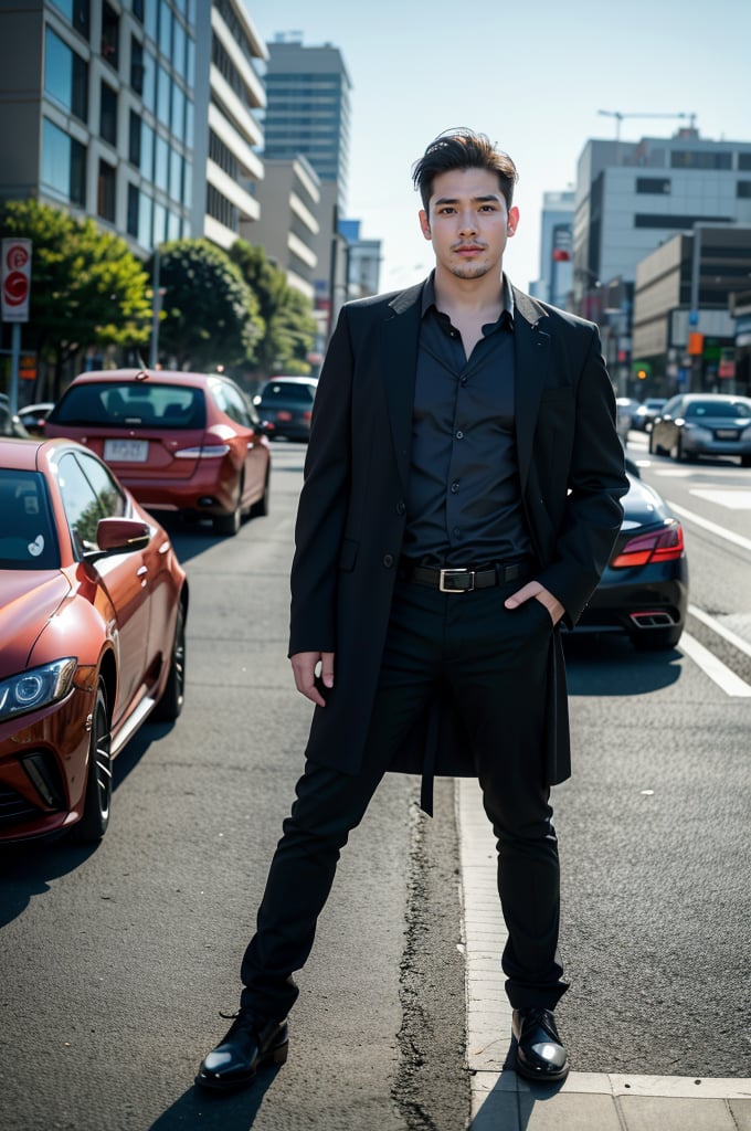 solo, male focus, 1boy, handsome japanese officer, masculine pose, in the middle of traffic, a lot of cars, tokyo, shot by eos d5 canon mark IV, Full body shot::2, cinematic shot, the most handsome man ever, shot from movie, cinema composition shot, professional color grading, epic volumetric lighting, sharp focus, film grain, high dynamic range, atmosphere, majestic, masterpiece, day –ar 4:5 –v 5.1 –s 750,realistic hands