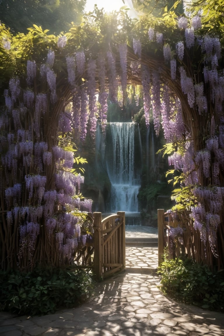 wisteria around the palce with waterfall, Wisteria on the fence, sunlight made the place bright