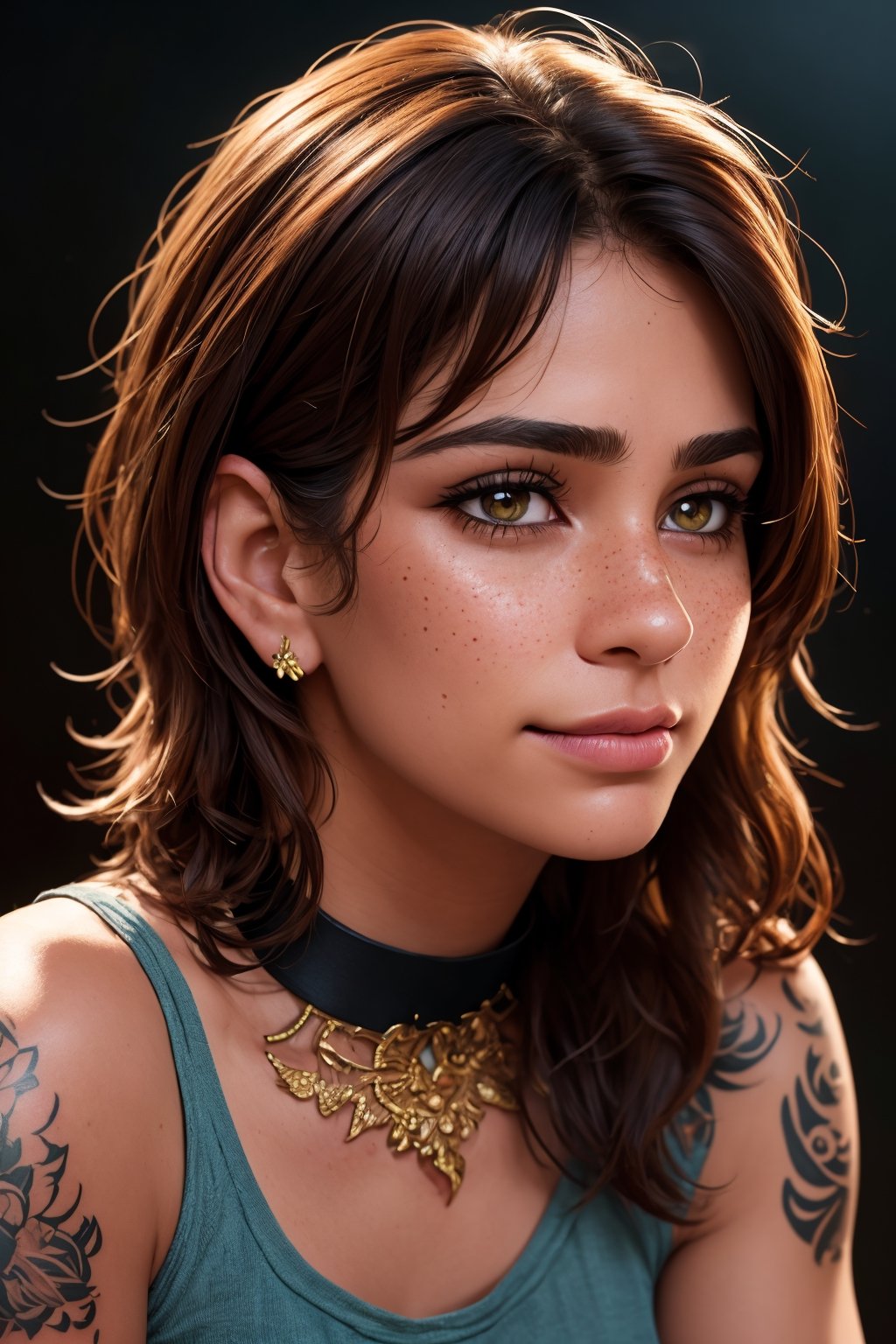 photo, rule of thirds, dramatic lighting, medium hair, detailed face, detailed nose, woman wearing tank top, freckles, collar or choker, smirk, tattoo, intricate background
,realism,realistic,raw,analog,woman,portrait,photorealistic,analog,realism,Indian ,Pakistani 