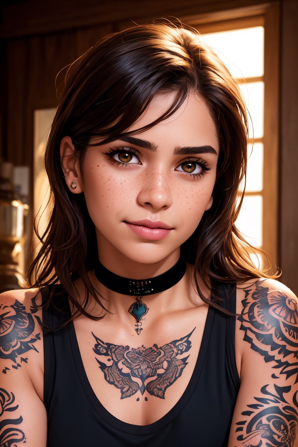 photo, rule of thirds, dramatic lighting, medium hair, detailed face, detailed nose, woman wearing tank top, freckles, collar or choker, smirk, tattoo, intricate background
,realism,realistic,raw,analog,woman,portrait,photorealistic,analog,realism,Indian ,Pakistani 