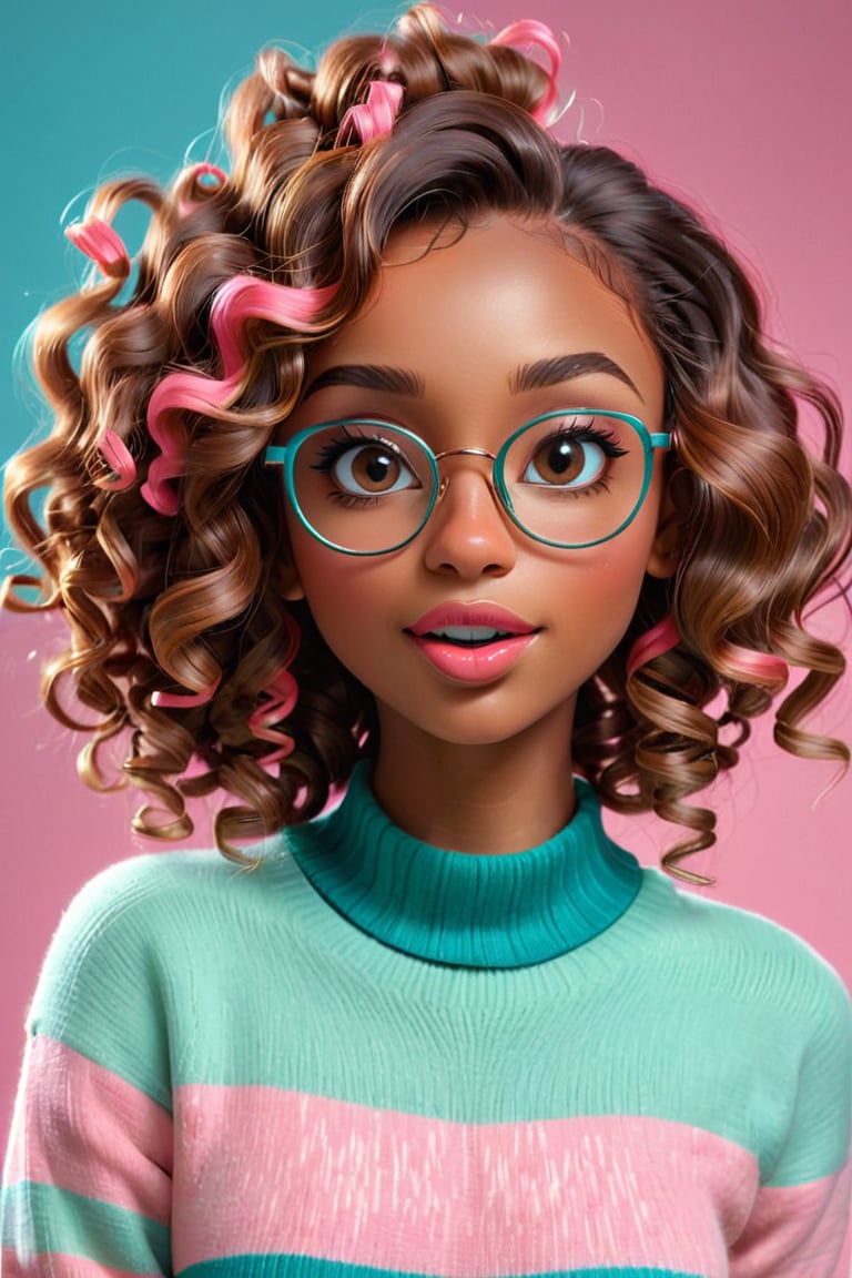 3d hyper real cartoon image, clean artwork, detailed illustration, colorful, 1girl, 22 years old, (((brown skin))), long hair, curls, curly hair, african hair, light teal and pink theme, realism, cute, round trim glasses, nose blush, slim eyes, sweater, pretty, seductive, attractive, alluring, photography, mouth slightly open, good teeth, beautiful nerdy, flirty, feminine, soft make up, vibrant, adorable, eyelashes, slender, high quality, masterpiece, 3D, solo focus, realistic, round chin, narrow face, big lips, brown hair, portrait image