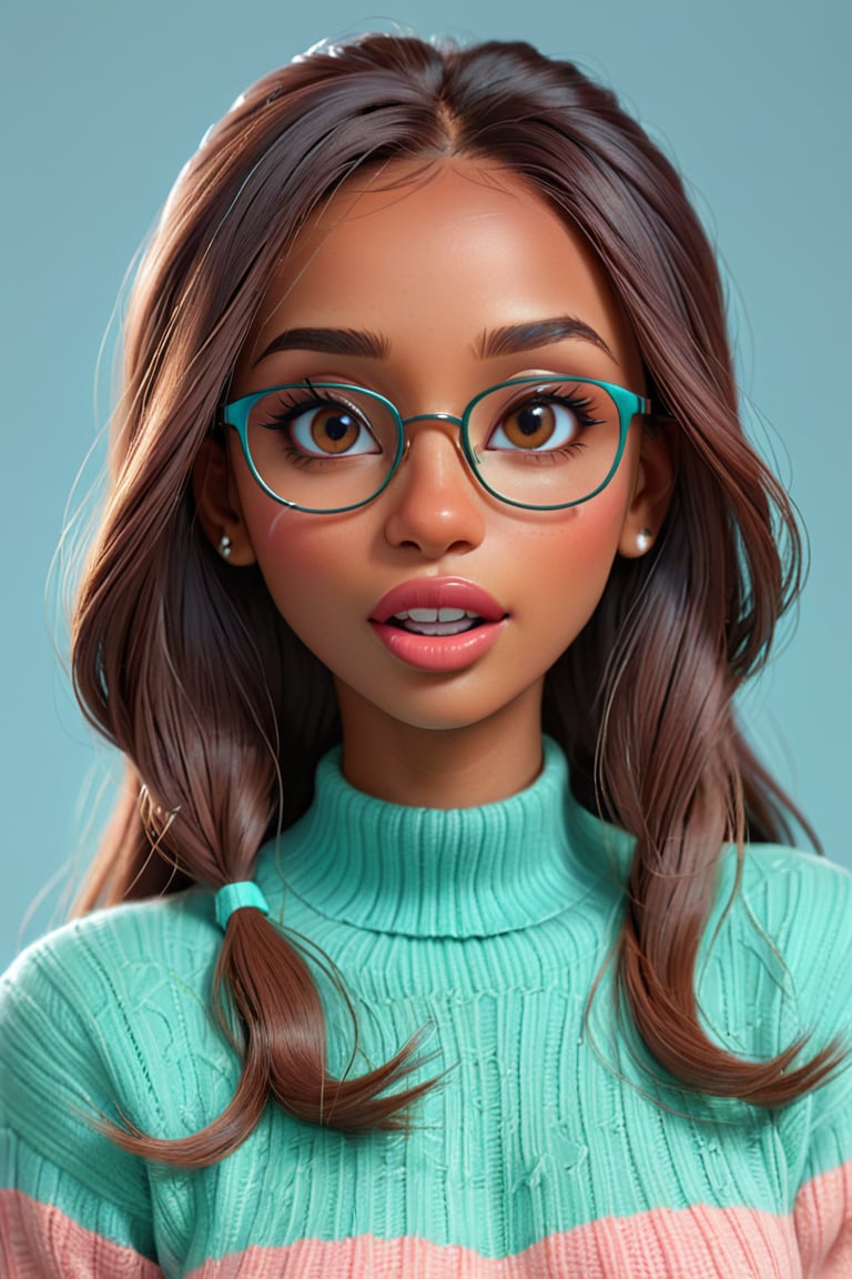 3d hyper real cartoon image, clean artwork, detailed illustration, colorful, 1girl, 22 years old, (((brown skin))), long hair, straight hair, light teal hair, realism, cute, round trim glasses, nose blush, slim eyes, sweater, pretty, seductive, attractive, alluring, photography, mouth slightly open, good teeth, beautiful nerdy, flirty, feminine, soft make up, vibrant, adorable, eyelashes, slender, high quality, masterpiece, 3D, solo focus, realistic, round chin, narrow face, wide nose, big_lips
