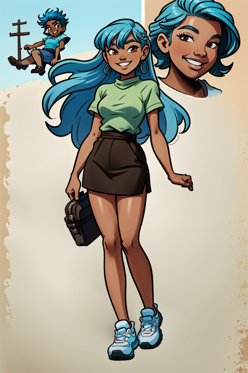 1 girl, masterpiece, best quality, (((brown skin))) , happy, light blue hair, long hair, brown eyes, smile, basic background, full body, Jabcomix, hyper realistic shading, source_comic