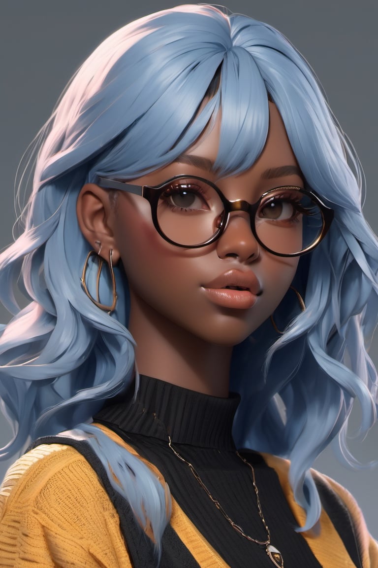 score_9,  score_8_up, 1girl, black girl, (((brown skin))), black_choker, light blue hair, blush, choker, eyelashes, grey_background, lips, long_hair, nose_blush, parted_lips, blue_eyes, simple_background, solo_focus, teeth, hair down, upper_body, slim eyes, glasses, adorable, 22 year old, university sweater, a character portrait inspired by WLOP, trending on artstation, digital art, details, pouty look, octane render, 3d stylized render, hi definition, 3d render, 3d, 3d toon style