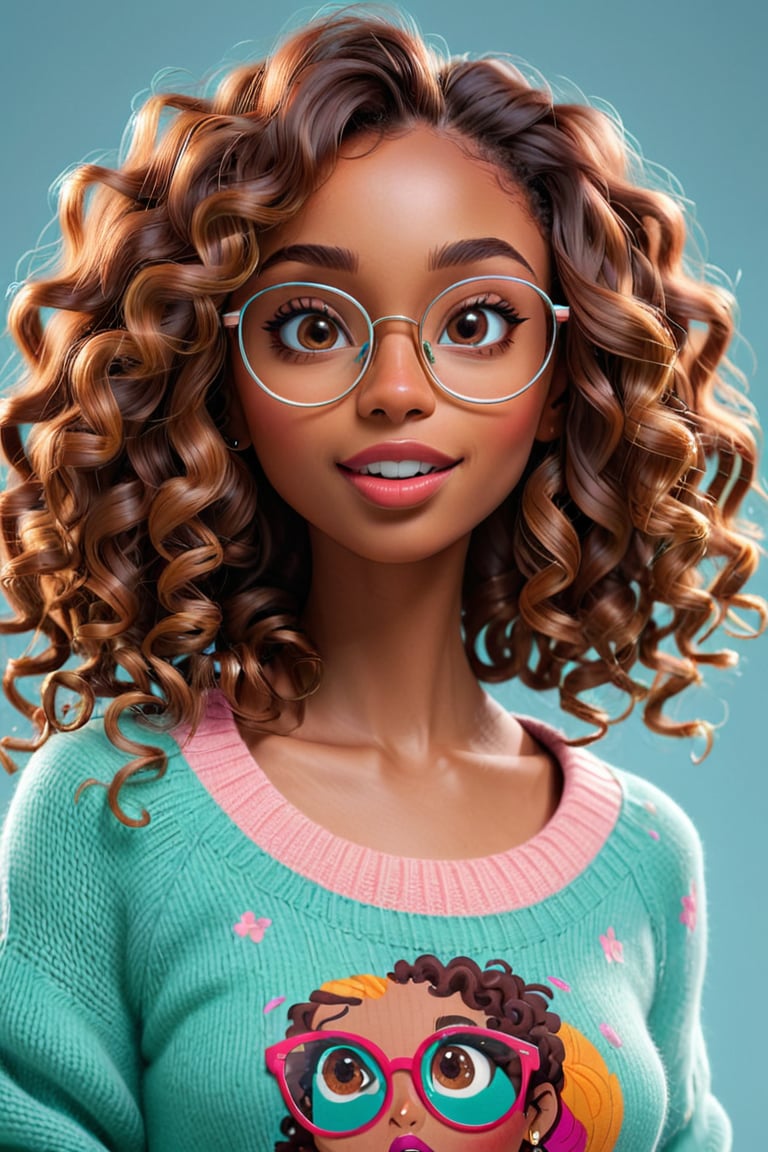 3d hyper real cartoon image, clean artwork, detailed illustration, colorful, 1girl, 22 years old, (((brown skin))), long hair, curls, curly hair, african hair, light teal and pink theme, realism, cute, round trim glasses, nose blush, slim eyes, sweater, pretty, seductive, attractive, alluring, photography, mouth slightly open, good teeth, beautiful nerdy, flirty, feminine, soft make up, vibrant, adorable, eyelashes, slender, high quality, masterpiece, 3D, solo focus, realistic, round chin, narrow face, big lips, brown hair, portrait image, dark lips, shiny lips
