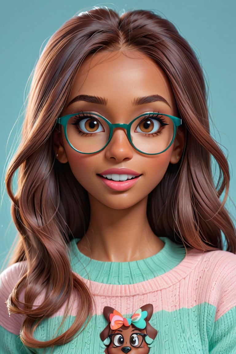 3d hyper real cartoon image, clean artwork, detailed illustration, colorful, 1girl, 22 years old, (((brown skin))), long hair, straight hair, light teal hair, realism, cute, round trim glasses, nose blush, slim eyes, sweater, pretty, seductive, attractive, alluring, photography, mouth slightly open, good teeth, beautiful nerdy, flirty, feminine, soft make up, vibrant, adorable, eyelashes, slender, high quality, masterpiece, 3D, solo focus, realistic, round chin, narrow face,