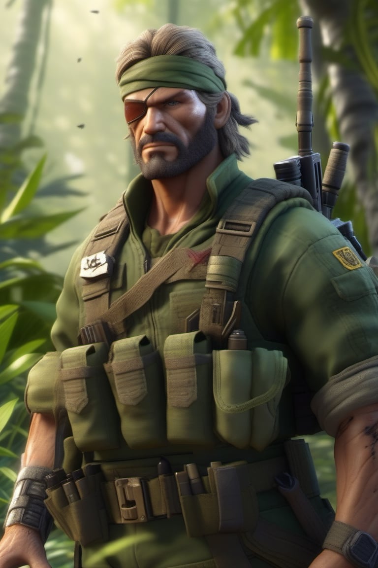 Big Boss, rugged at 45, stands confident amidst South American jungle ruins. Olive drab bandana wraps his head, eyepatch gazing out from beneath unkempt hair. Stubble-defined jawline sets firm as he wears a sneaking suit with tactical harness, knee pads, and utility belt. Custom combat gloves grasp his hands, dog tags around his neck. Suppressed pistol at thigh holster gleams in dynamic lighting, dappled sun filtering through the canopy. Camouflaged patterns dance across his gear, texture of wilderness setting sharp as his intense eyes scan the environment, alert to potential threat lurking amidst ancient temple's ruins.