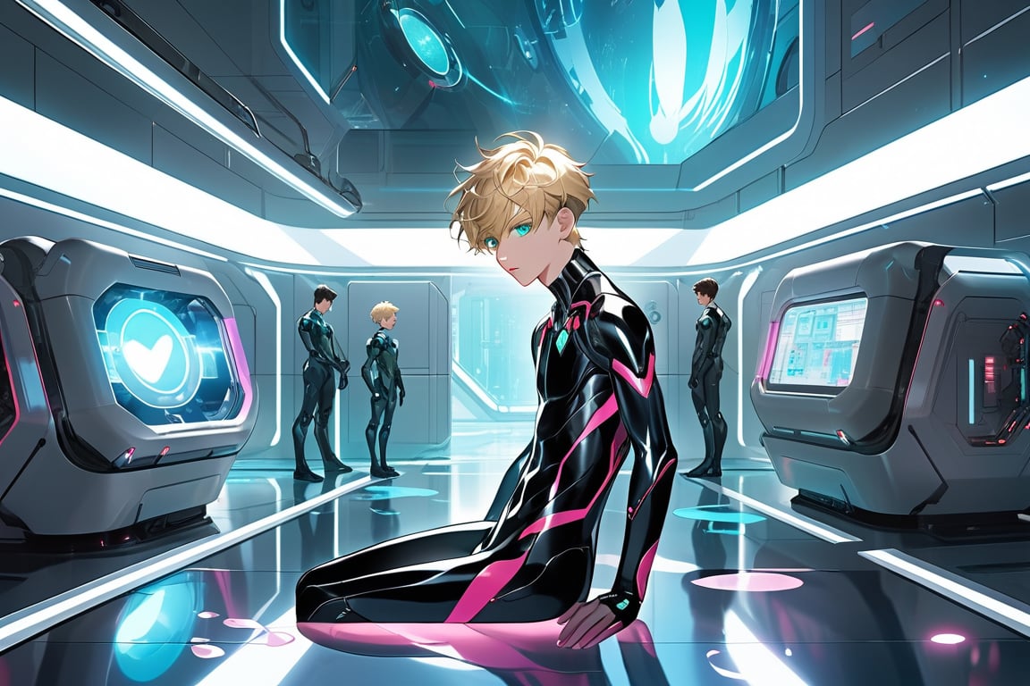 In Rebooting Life, a soft glow illuminates the futuristic laboratory setting, where vaulted white walls and a large pool of liquid converge to create a clinical atmosphere. An android boy, with piercing emerald eyes and delicate pink accents on his nose, lips, and knees, floats one meter above the floor, his mechanical form glowing softly blue as extensions emerge from his limbs, harmonizing with his synthetic body. In the background, a curious blond-haired human boy peeks out from behind an assembly module, captivated by the android's intricate composition.