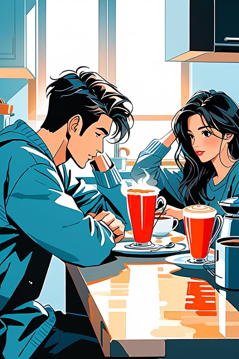 at a kitchen table making coffee in the morning, after having slept together they only wore their bedding