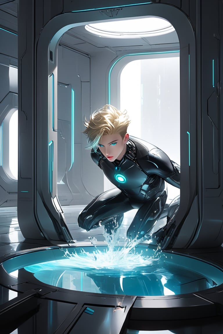 In a futuristic laboratory setting with vaulted white walls and a large pool of liquid, an android boy, with emerald eyes, steel gray hair, and discreet pink nose, lips, and knees, floats one meter above the floor. His body glows with a soft blue hue as mechanical extensions emerge from his limbs, seamlessly completing his white-skinned mechanical form. A cute blond-haired human boy peers out from behind a nearby assembly module, observing the android's unique composition.