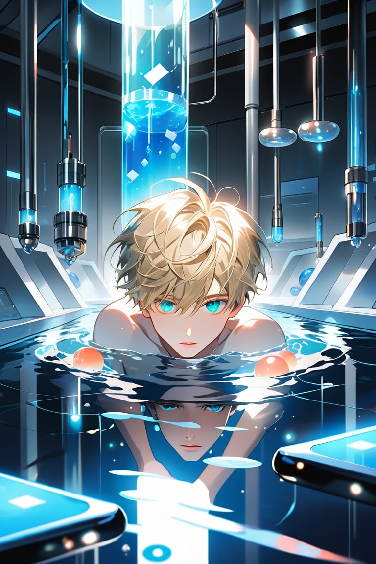 A warm, soft focus glow illuminates the laboratory setting, casting a serene ambiance on vaulted white walls and a large pool of liquid. An android boy floats one meter above the floor, radiating a gentle blue light as he drifts effortlessly amidst the sterile environment. His emerald eyes sparkle, surrounded by steel gray hair and delicate pink accents on his nose, lips, and knees. The harmonious composition of his synthetic body and extensions is mesmerizing. In the background, a curious blond-haired human boy peeks out from behind an assembly module, captivated by the android's intricate design, his shining eyes full of curiosity.